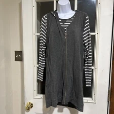 Erin London Women's Medium Hooded Tunic Vest Over Striped Shirt