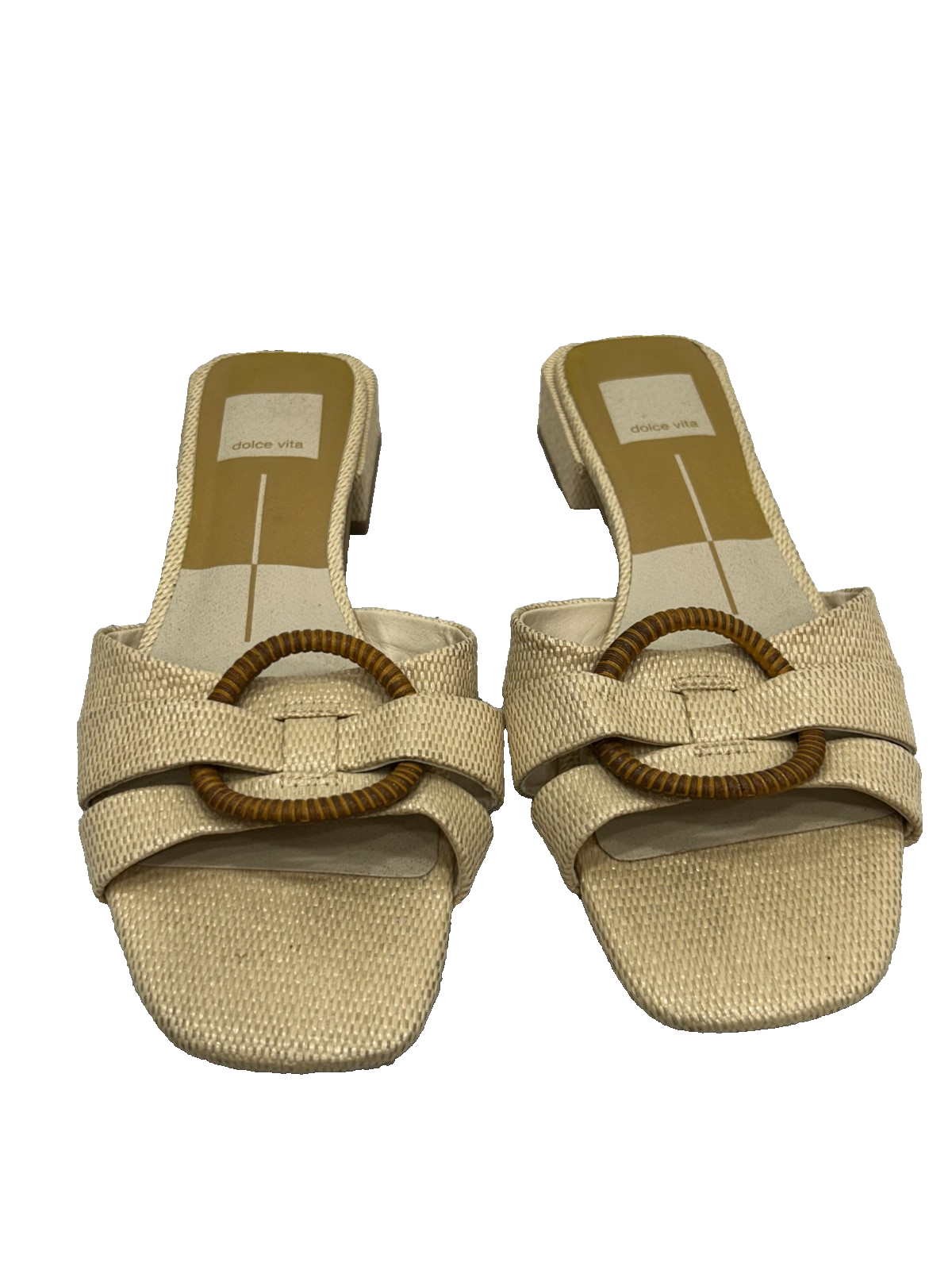 APL Sandalo donna Dolce Vita beige tessuto tacco basso dettaglio anello rafia slide misura 6 5