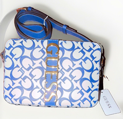 GUESS Blue/White Logo Print Small Crossbody Bag Zip Closure Detachable Strap