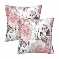 Gray Pink Flowers Leaves Throw Pillow Covers 18 x 18 Inch Set of 2 Floral Ros...