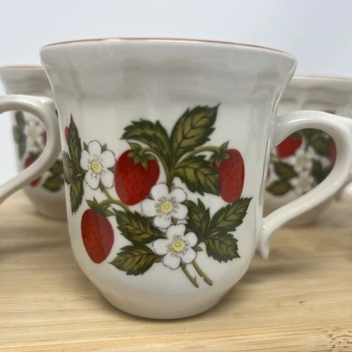 Set of 5 Vintage Stoneware Strawberries Coffee Mugs Cups Gibson Spring Flower