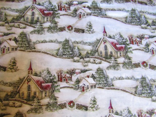 CHRISTMAS Vintage WINTER CHURCHES HOUSES TOWN 1990's COTTON Fabric - 3 yd - Picture 2 of 2