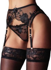 Women Lace Garter Belt Thong Lingerie Set with 4 Suspender Clips