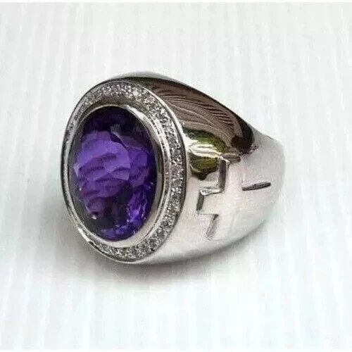 Anillo de alfil cruzado para hombre enchapado en oro blanco de 14 quilates amatista simulada corte ovalado de 5 quilates Foto 3 de 4