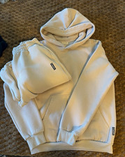 Comfrt Women's Beige Fleece 2-Piece Sweatsuit Set Hoodie Size S Pants Size M