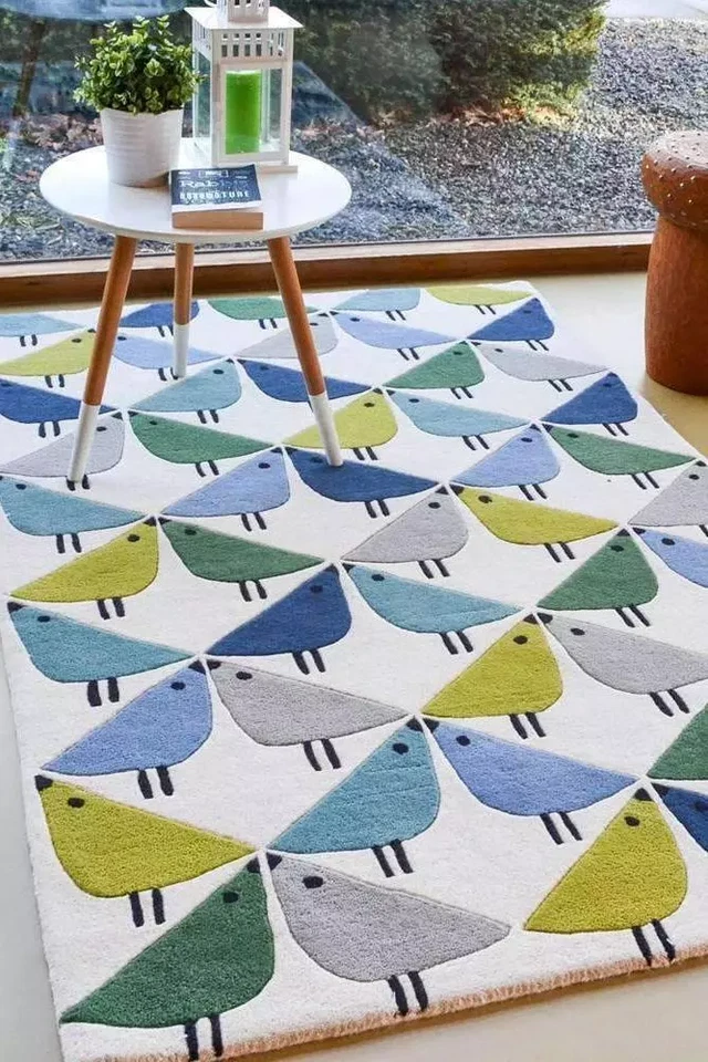 Alfombras | Alfombra con estampado de pájaros | Alfombra de lana | Alfombra acolchada a mano | Alfombra de área | Alfombra de diseño Foto 2 de 4