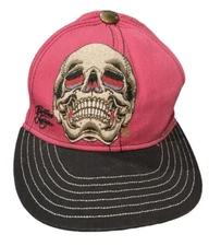 Vtg Christian Audigier Skully Fitted Hat Crystal Embellished Y2K Pink/Black Cap