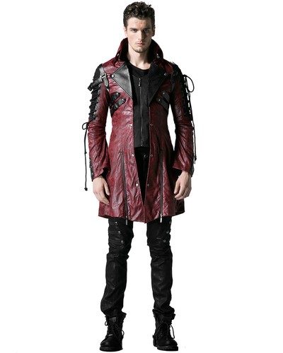 Punk Rave Poison Jacket Mens Red Black Faux Leather Goth Steampunk Military Coat - Picture 3 of 6