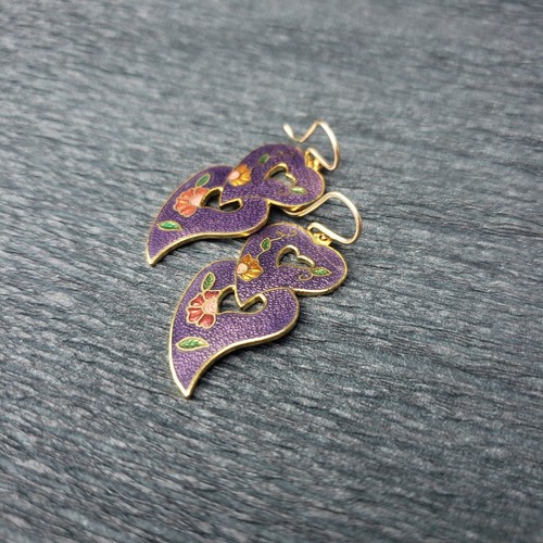 Cloisonne Purple Enamel Heart Flower Earrings Upgraded Gold Filled Ear Wires - Picture 3 of 4