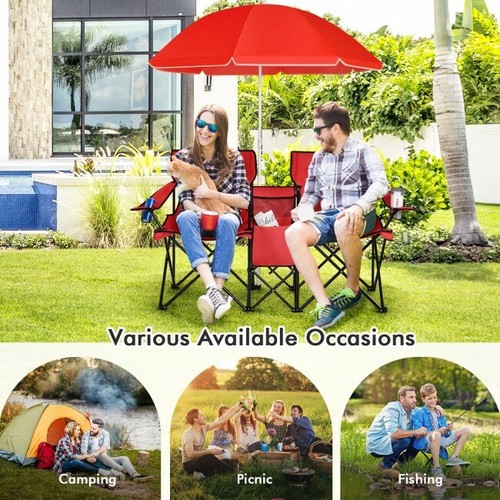 Portable Folding Picnic Double Chair W/Umbrella Table Cooler Beach Camping Red - Picture 8 of 12
