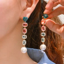 Blue Red Gold Color CZ Long Love Heart Drop Pearl Earrings Fashion Brand Jewelry