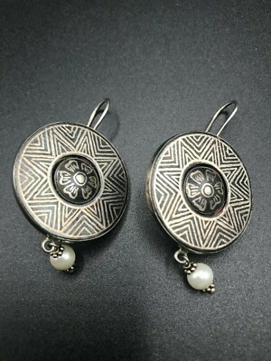 Fabindia 925 Sterling Silver Oxidized Flower Earrings with freshwater pearl 