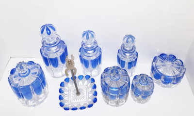 Superb Val Saint-Lambert 15-pc BLUE Overlay Dresser Set - Art Glass from Belgium