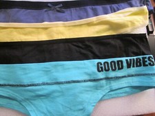 New 4 Ladies Thongs Cotton Panties  Size XL  Good Vibes, Blue, Black, Yellow  