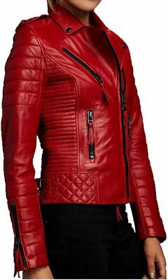 New Women's Red Genuine Lambskin Real Leather Biker Quilted Slim Fit Coat Jacket