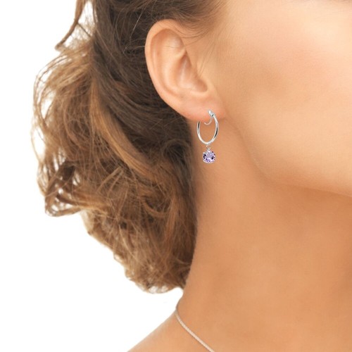 Sterling Silver Round Hoop Earrings with Dangling Amethyst Gemstones - Picture 4 of 4