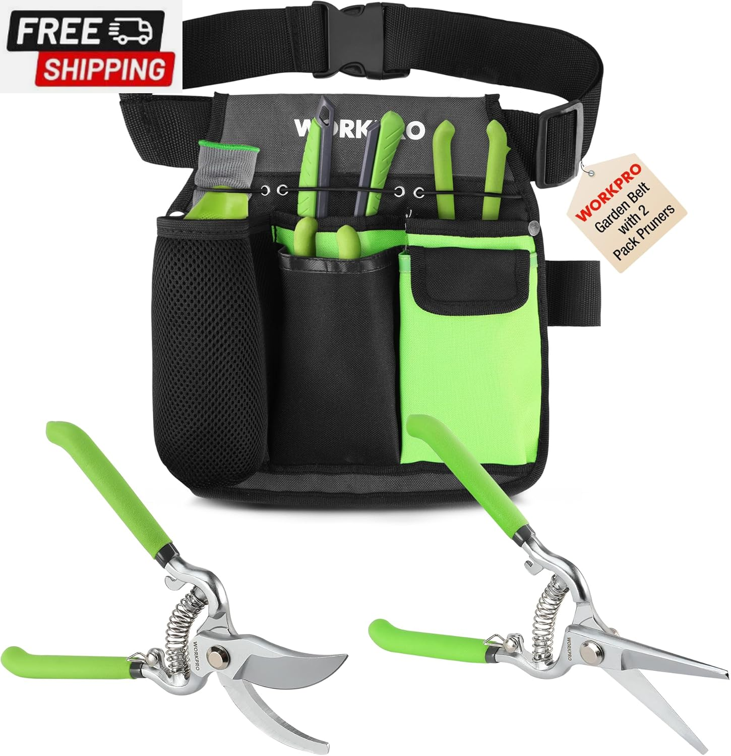 WORKPRO 2-Piece Pruning Shears and Garden Tool Belt Set with 5 Pockets