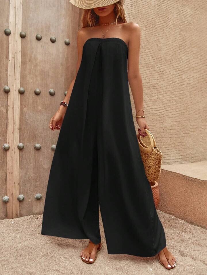 zara linen blend jumpsuit dress ZARA STRAPLESS VOLUMINOUS LINEN BLEND JUMPSUIT BLACK 3152/270