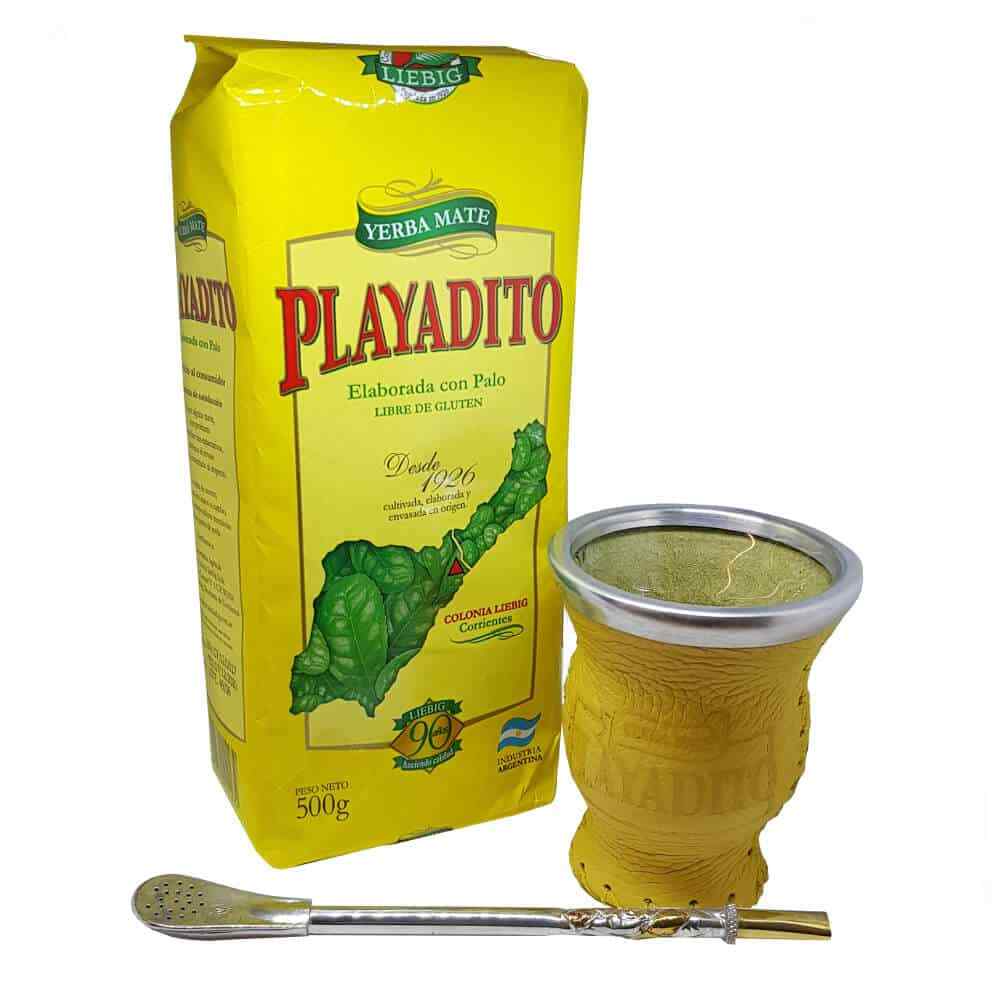 Yerba Mate Playadito Starter Kit with Leather Bound Glass Mate Cup and Bombilla