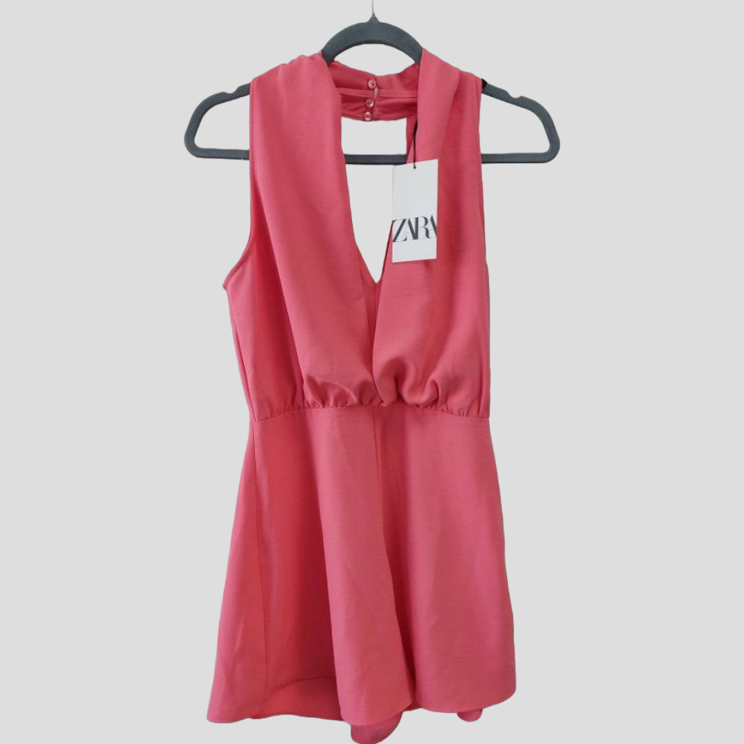 NWT ZARA Halter Neck Open Back Playsuit Jumpsuit Coral Pink