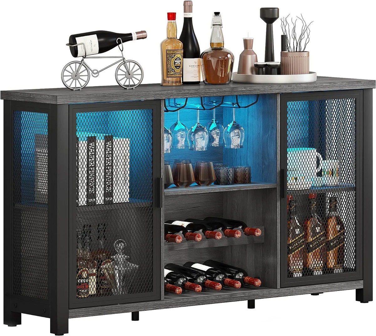 Bar Cabinet for Liquor Bottle Display Shelf w LED Lights Wine