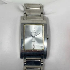 Guess Steel Tank Watch Women 21mm Silver Tone WR Rectangle New Battery SMALL 6"
