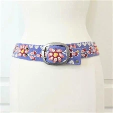 New Jenny Krauss Periwinkle Velero Embroidered Wool Belt Handmade in Peru S M L