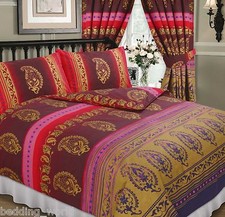 KASHMIR RED BURGUNDY GOLD PURPLE ETHNIC INDIAN FLOWERS DOTS BEDDING OR CURTAINS