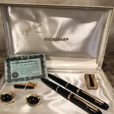 VTG EVERSHARP PEN & MEN's BOXED SET Black Rhinestone Cuff Links Tie & Money Clip