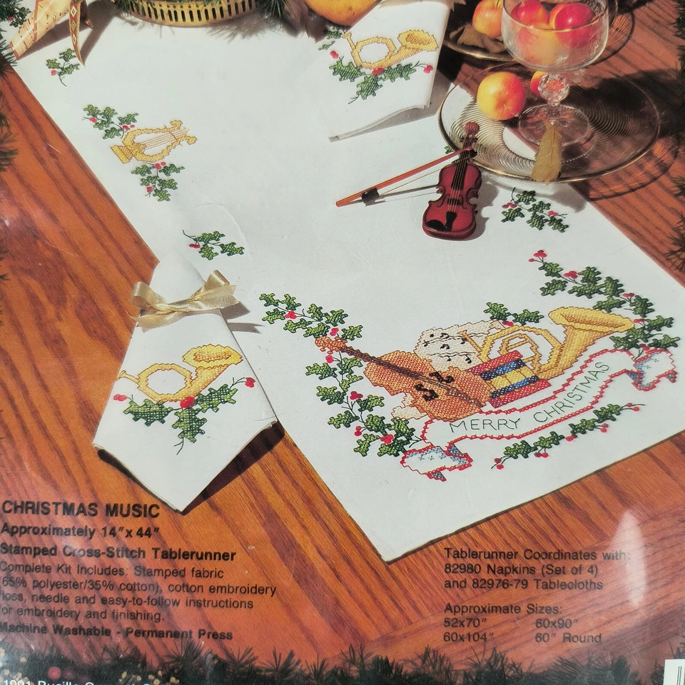 Bucilla Stamped Cross Stitch Kit Christmas Music Table Runner New - Image 2 of 3