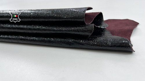BLACK CRISPY PATENT CRACKED ON PLUM SHINY Soft Goat leather 3+sqf 0.9mm #C959 - Picture 7 of 7