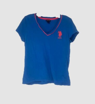 $55 U.S. Polo Assn. Womens Blue Contrast Short Sleeve V Neck Polo Top Size Large