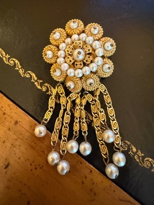 Vintage West Germany brooch dangles gold tone faux pearls Signed  Wedding