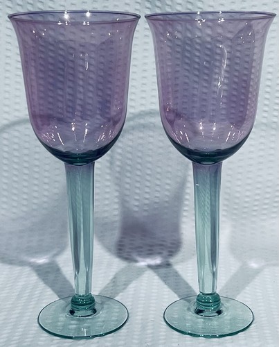 Menge 2 ~ Kristall mundgeblasen Kunst Tulpenstiel Wein Amethyst irisierend grüner Stiel - Bild 1 von 12