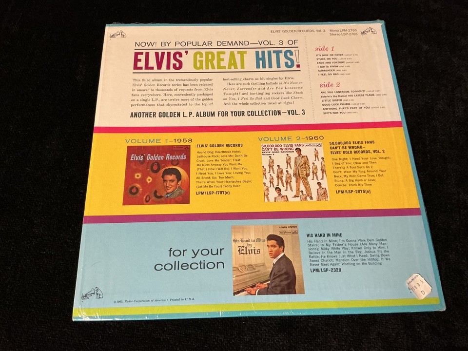 ELVIS PRESLEY LSP-2765 GOLDEN RECORDS 3 SHRINK SILVER LG. STEREO LABEL ...