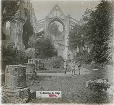 Abbaye de Longpont, guerre WW1, plaque verre photo ancienne stéréo, 6x13 cm