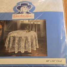 VTG Quaker Lace Tablecloth Calais Oval 60" X 84" White Floral HTF NEW