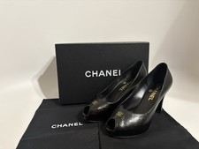 Vtg Chanel Black Leather Stitch CC Logo Peep Toe Heels 36