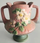 Roseville Pottery Pink White Rose Vase 146-6 Double Handle Vintage c1940s 6"