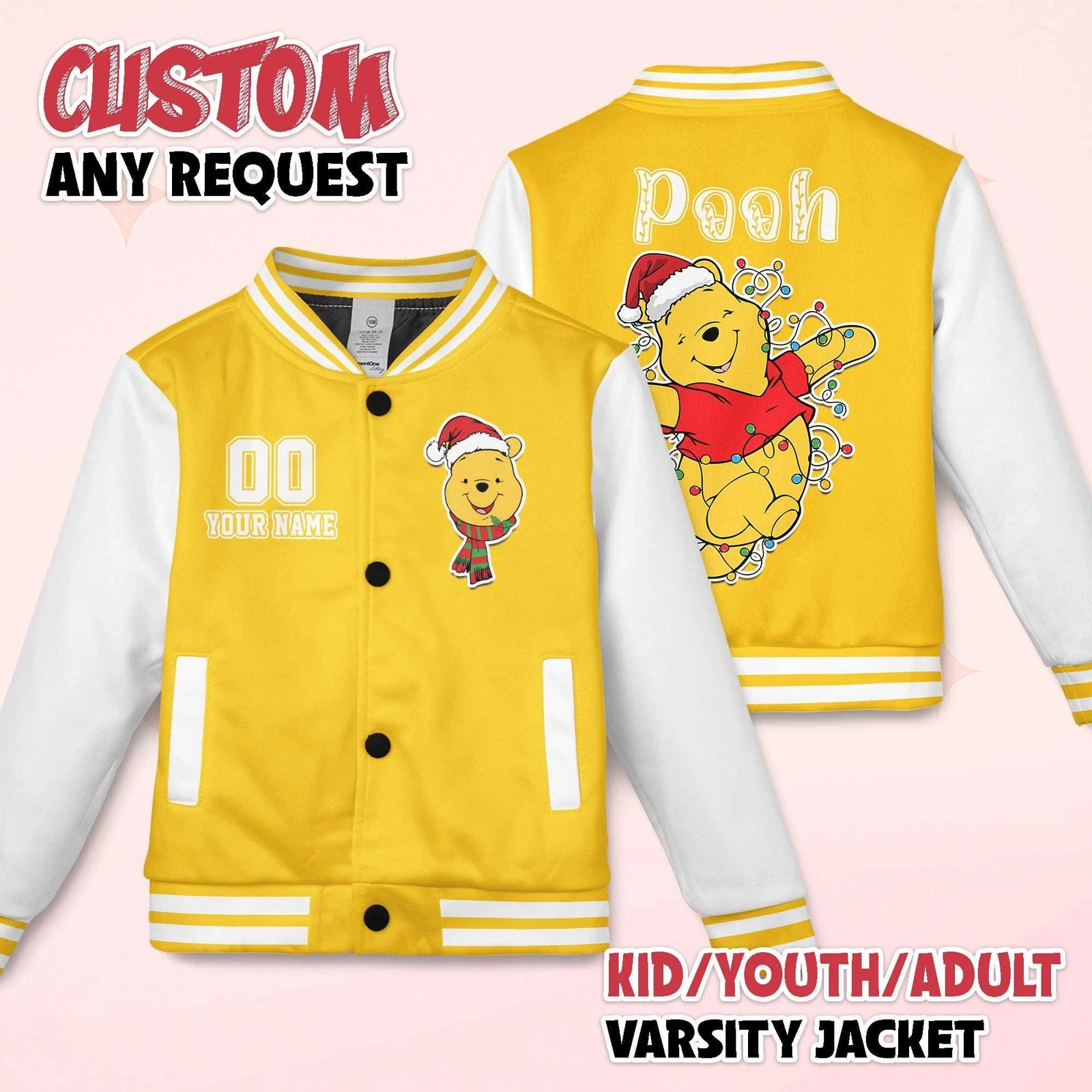 Personalized Pooh Bear Santa Hat Christmas Lights Merry & Bright Baseball Jacket