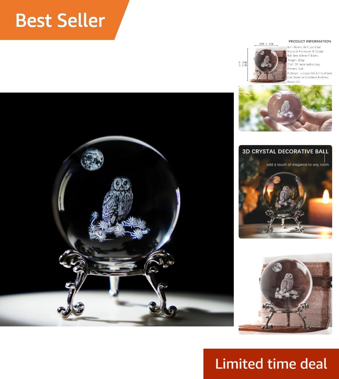 Intricate 60mm Crystal Owl Paperweight - Artistic Tabletop Decoration with Stand