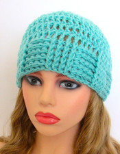 CLASSIC BEANIE HAT CAP CHEMO TEXTURED EDGE AQUA HANDMADE CROCHET