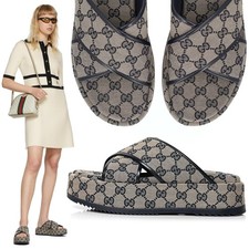 GUCCI SHOES ANGELINA GG SUPREME CANVAS PLATFORM SLIDES 750 sz 37.5 7.5 US