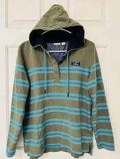LL Bean 1/4 Button Up Henley Rugby Hoodie Pullover Womens M Petite Striped Green