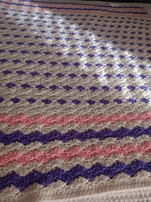 Vintage Handmade, Full-size Crocheted Blanket Afghan in a Ripple Pattern..