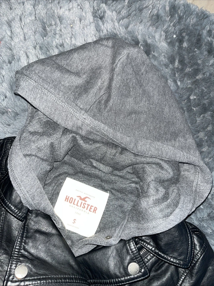 Hollister ~ Sudadera con Capucha de Cuero Sintético Moto Chaqueta de Motocicleta ~ Negro/Gris ~ Talla Pequeña ~ NUEVO SIN ETIQUETAS Foto 4 de 4