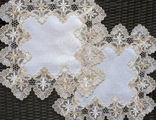 TWO Lace Doilies Beige Tan Antique White End Table Place Mat 16 inch