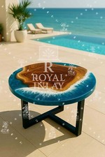 Round Ocean Resin & Wood Table – Handmade Beach Wave Accent – Coastal Decor