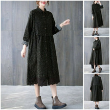 Women Long Sleeve Vintage Lace Hollow Dress Floral Print Lady Midi Dress
