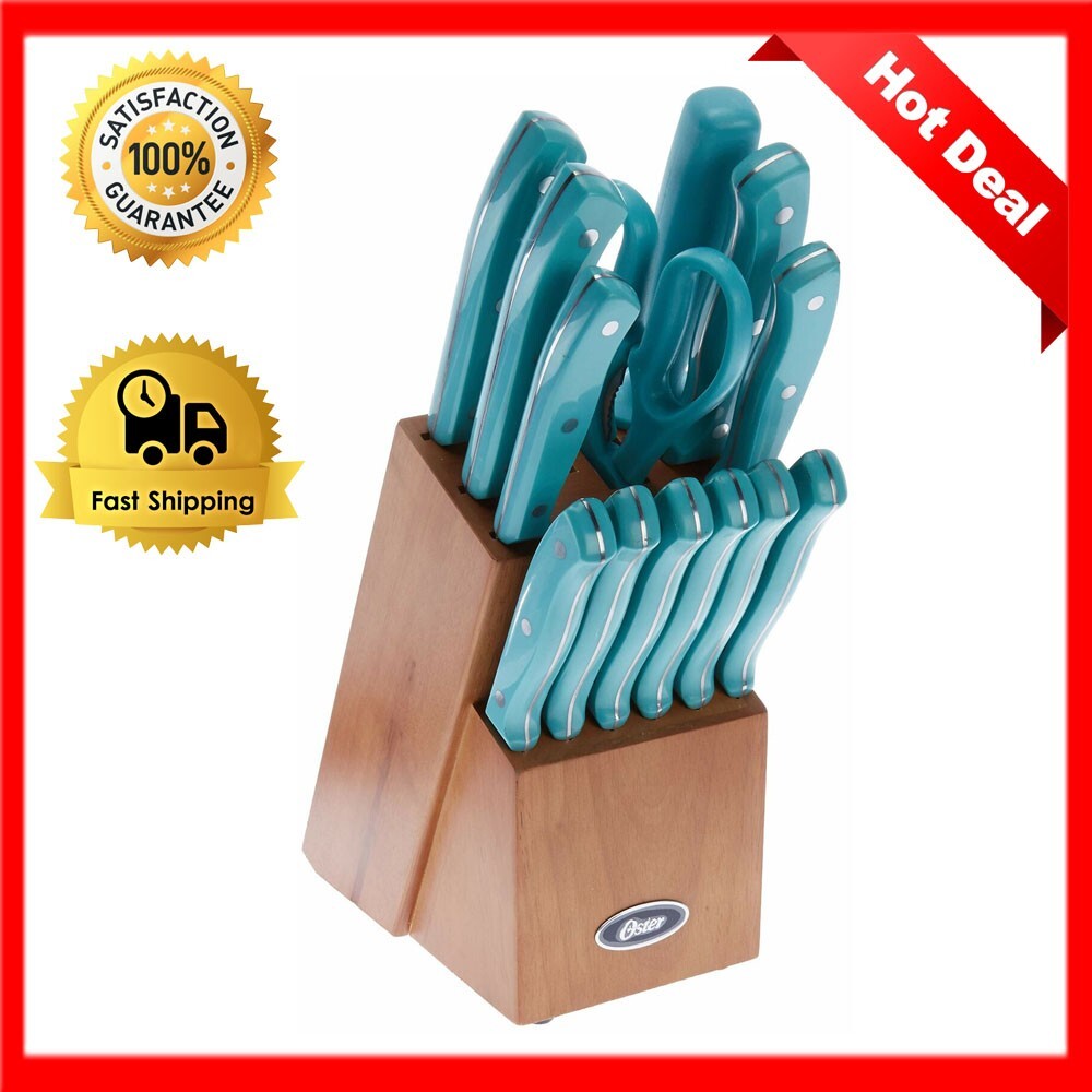 Knife Block Set Teal, Kitchen Knife Set with Block, 14 Pieces Stainless Steel-image